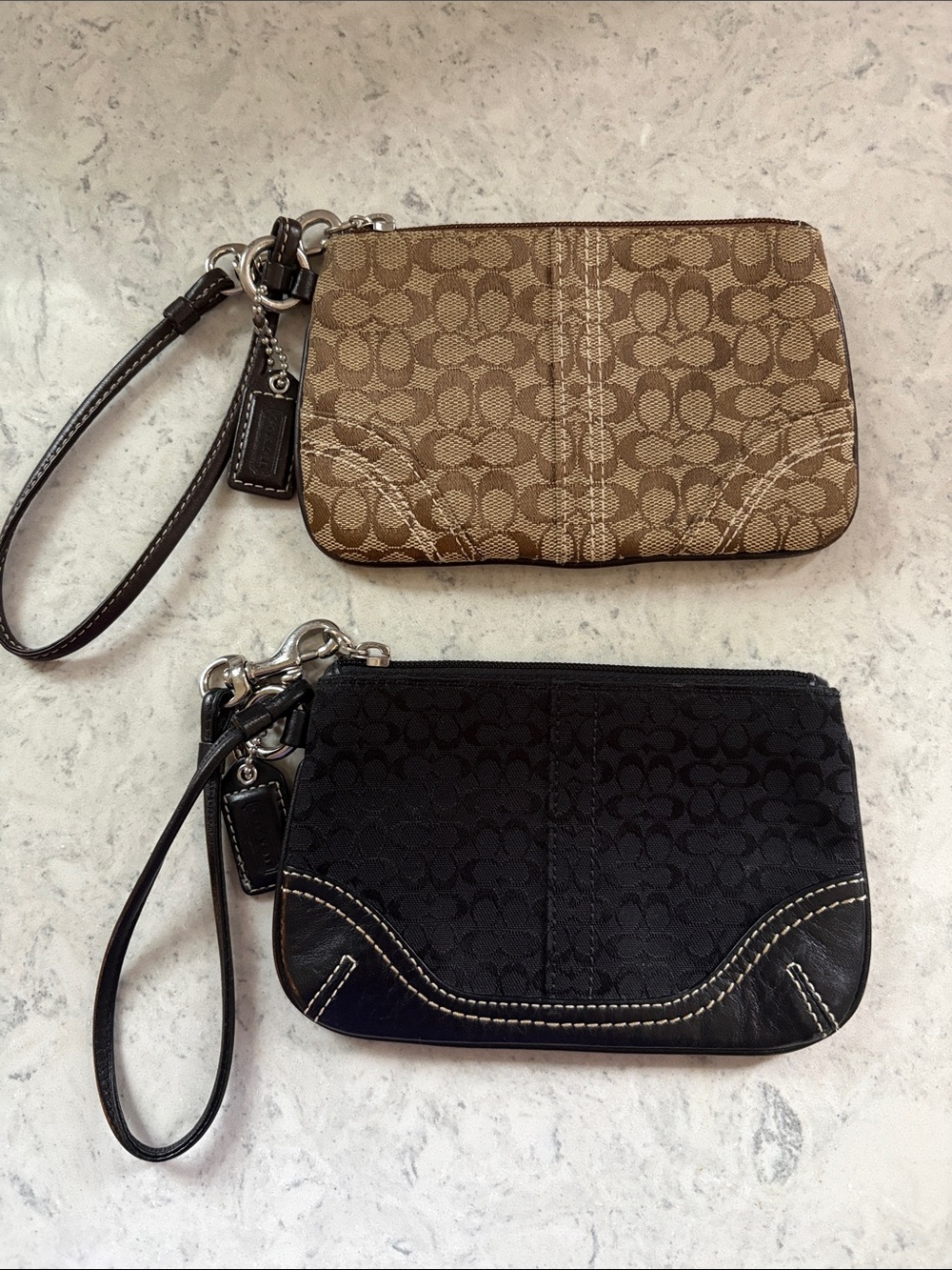 Coach Signature Monogram Wristlet Pouch, Zip Closure lot of 2 Brown & Black